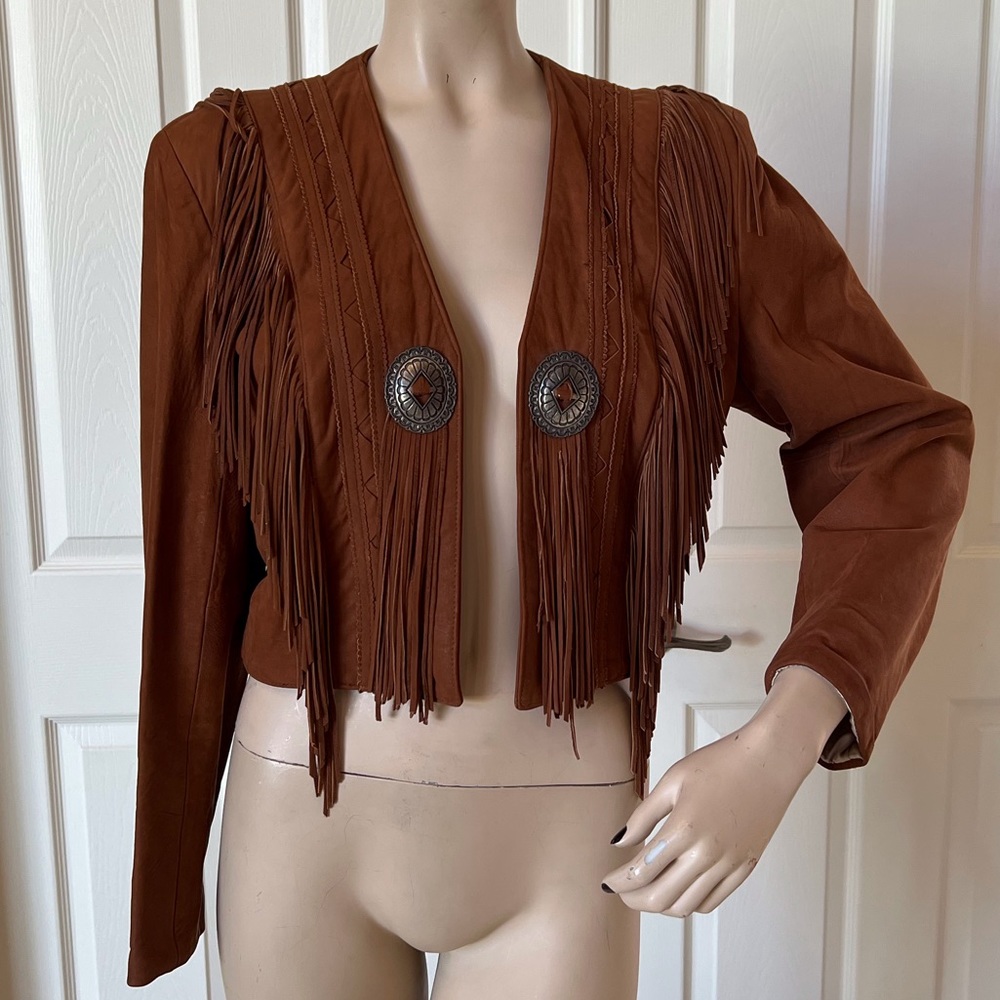 Continental Leather Fashions Brown Lamb Leather Jacket With Fringe and Conchos L